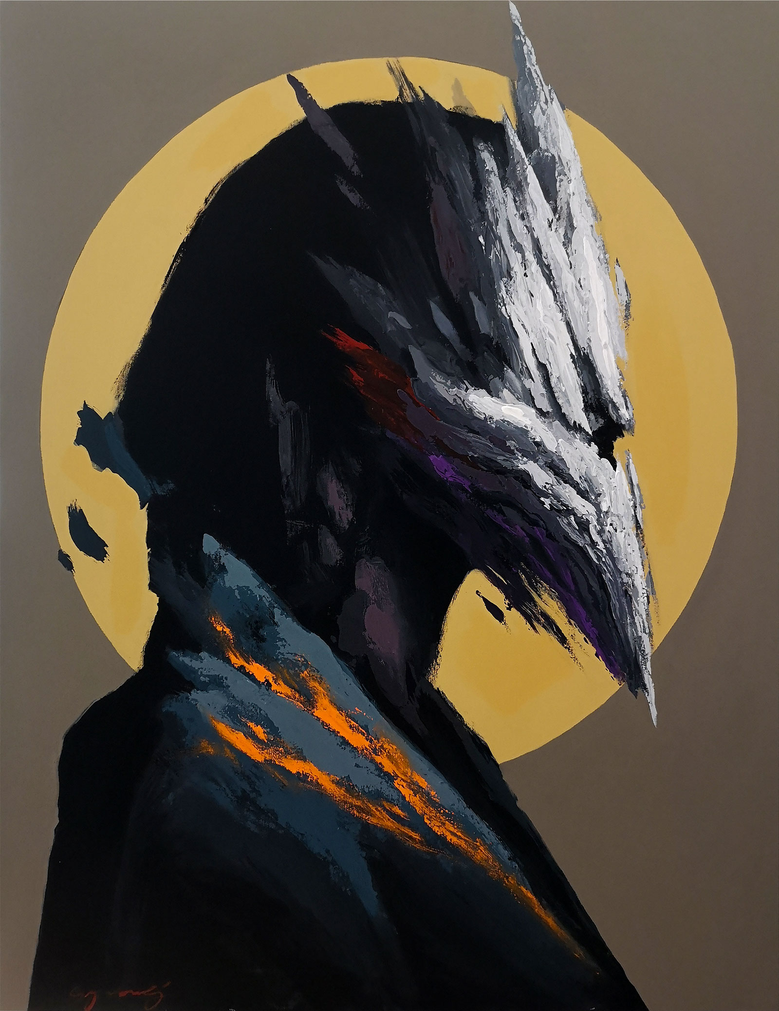 An entity of Cernobog with a white mask-like face covered with expressive brushstrokes on a yellow background. Abstract brushstrokes and texture.