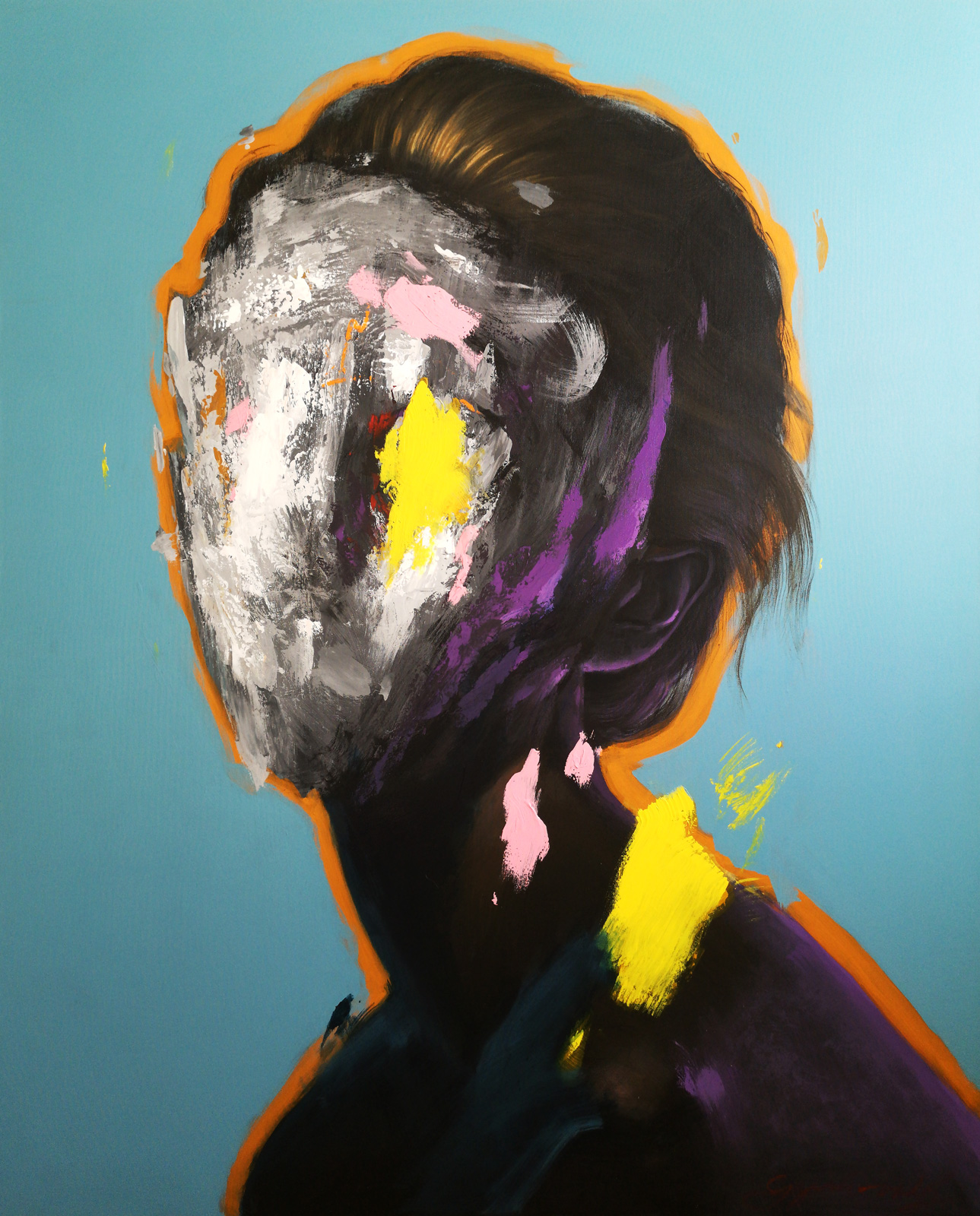 Abstract portrait painting with black base and vibrant colored brushstrokes expressing intense emotions