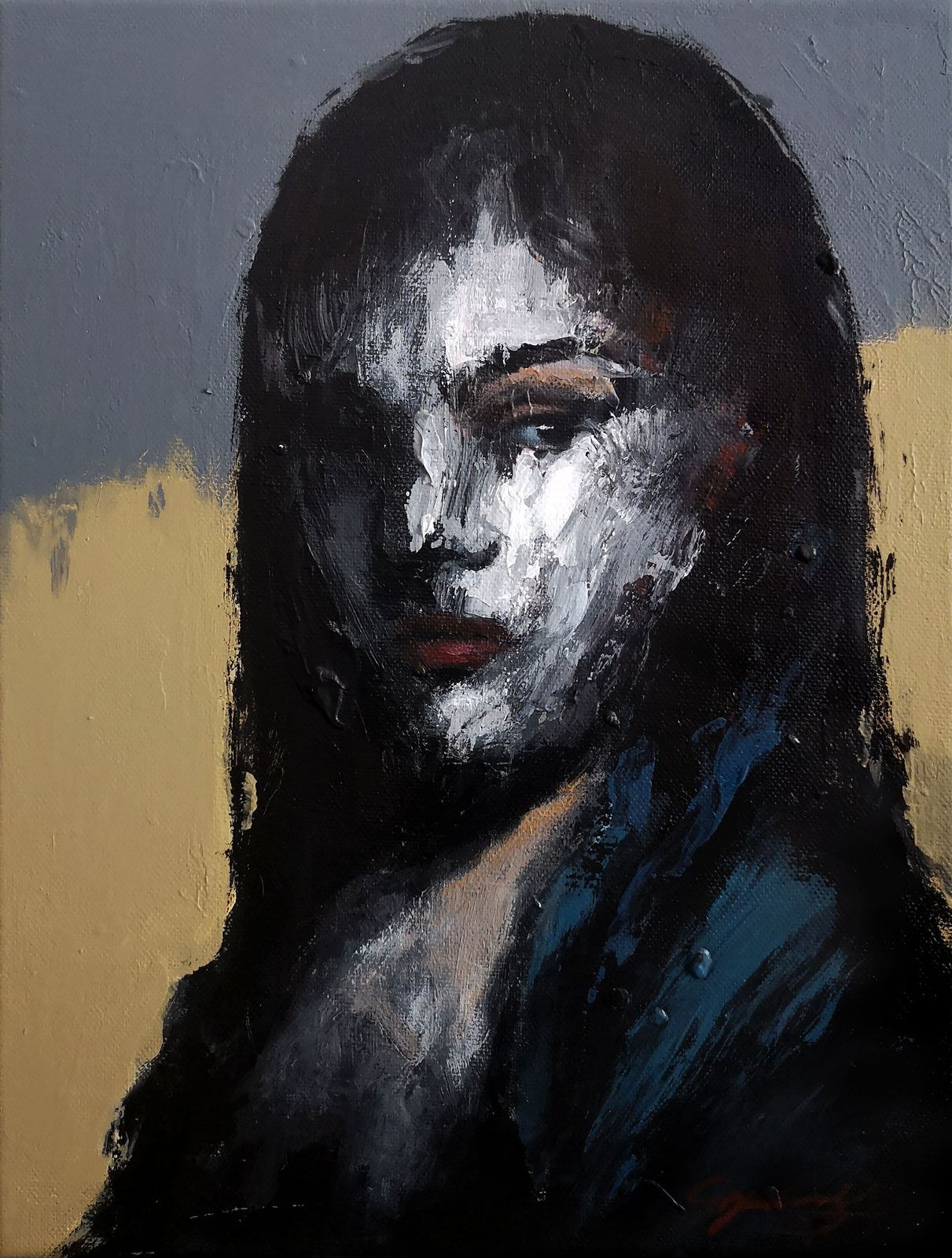 Abstract portrait painting with black base and vibrant colored brushstrokes expressing intense emotions