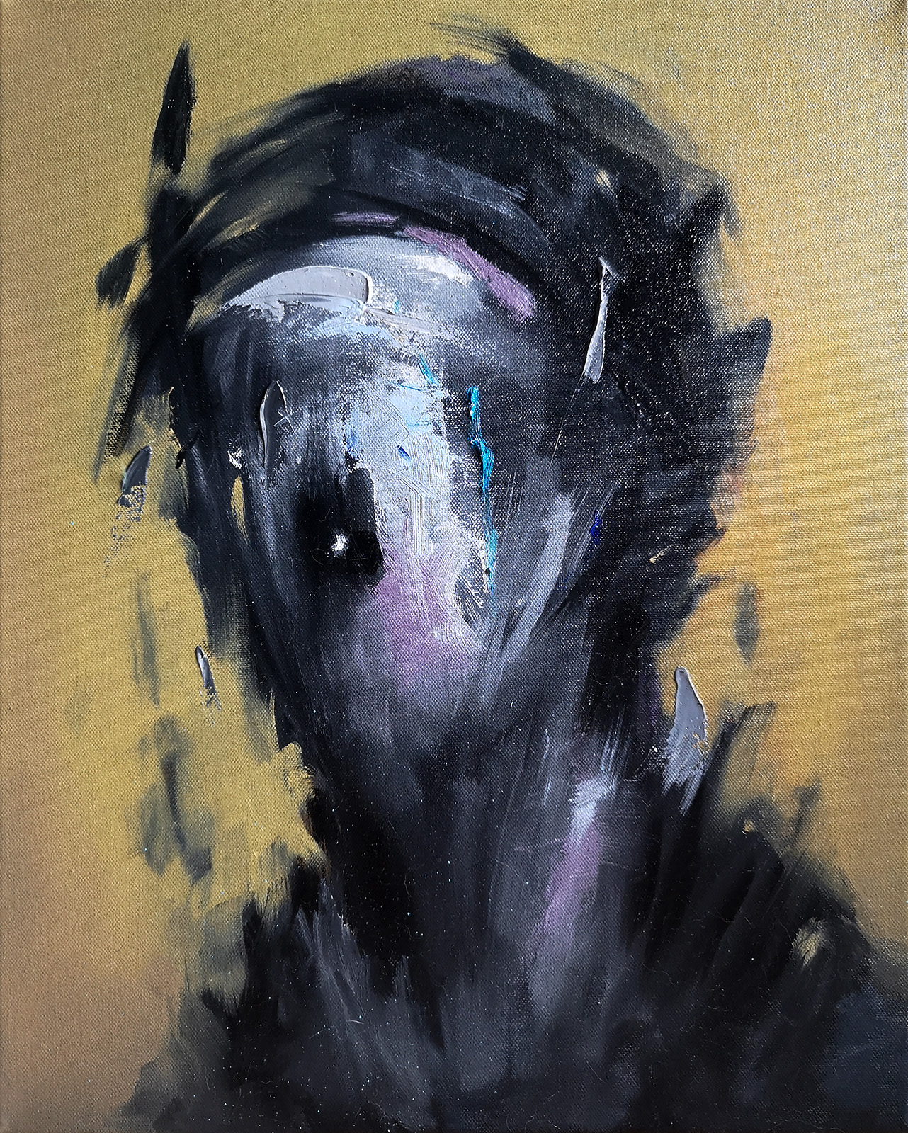 Abstract portrait painting with black base and vibrant colored brushstrokes expressing intense emotions