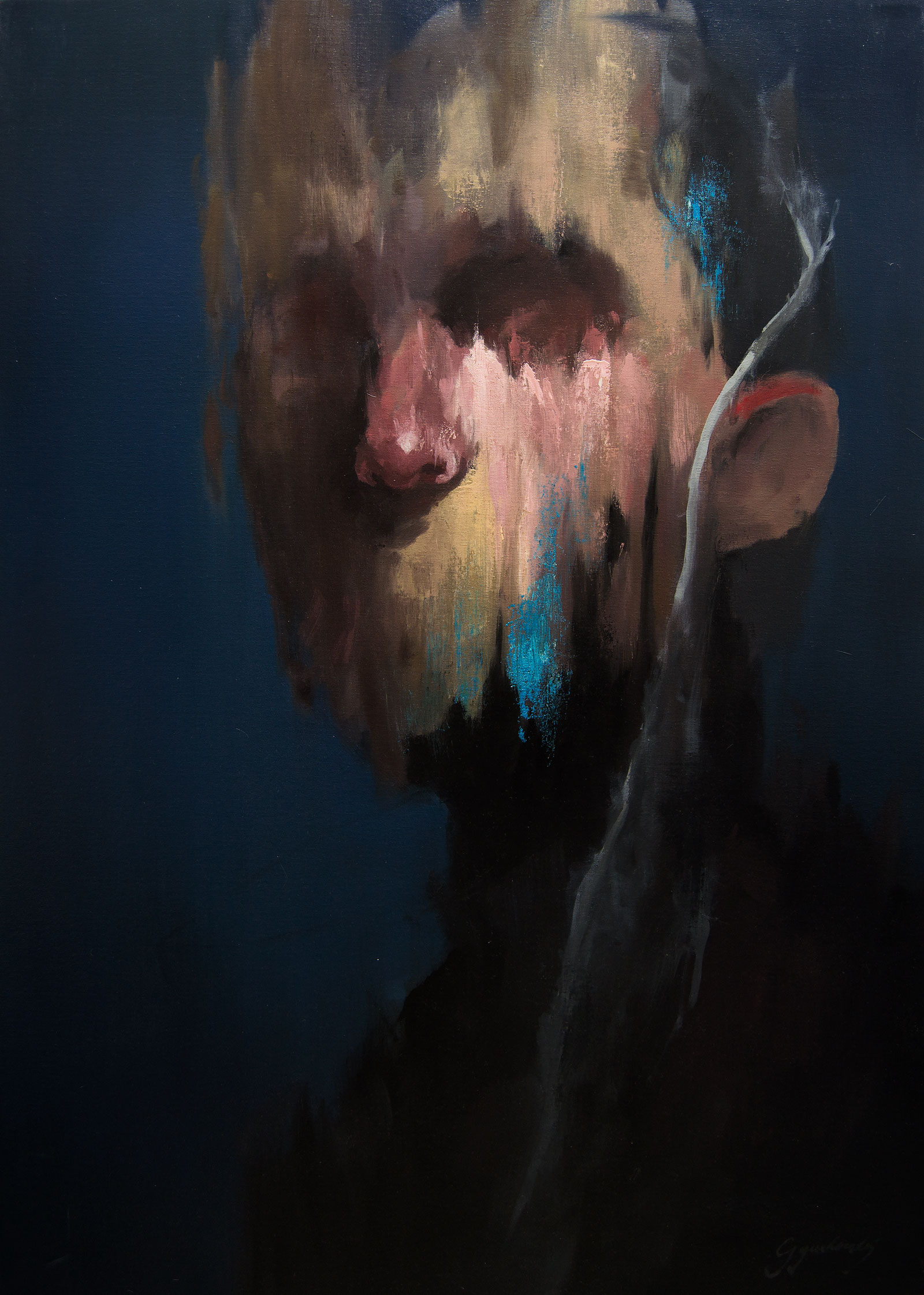 Abstract portrait painting with black base and vibrant colored brushstrokes expressing intense emotions