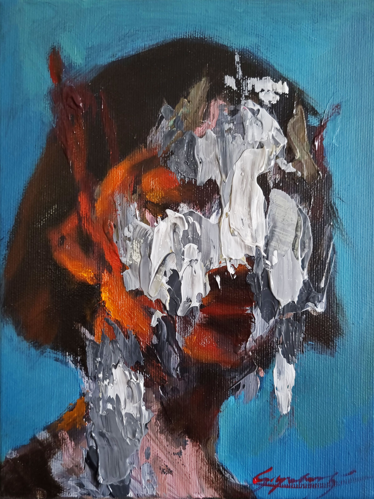 Abstract portrait painting with black base and vibrant colored brushstrokes expressing intense emotions