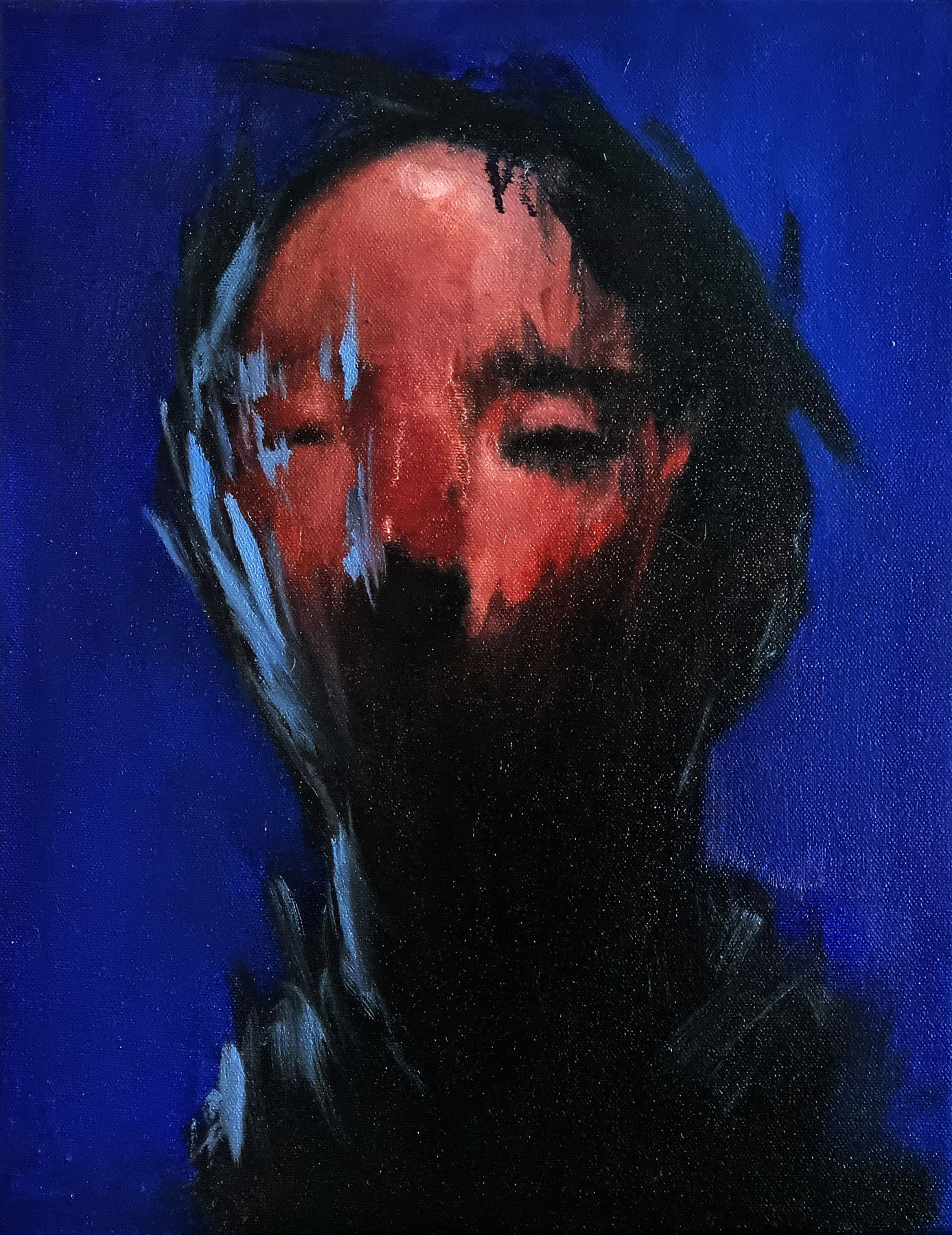 Abstract portrait painting with black base and vibrant colored brushstrokes expressing intense emotions