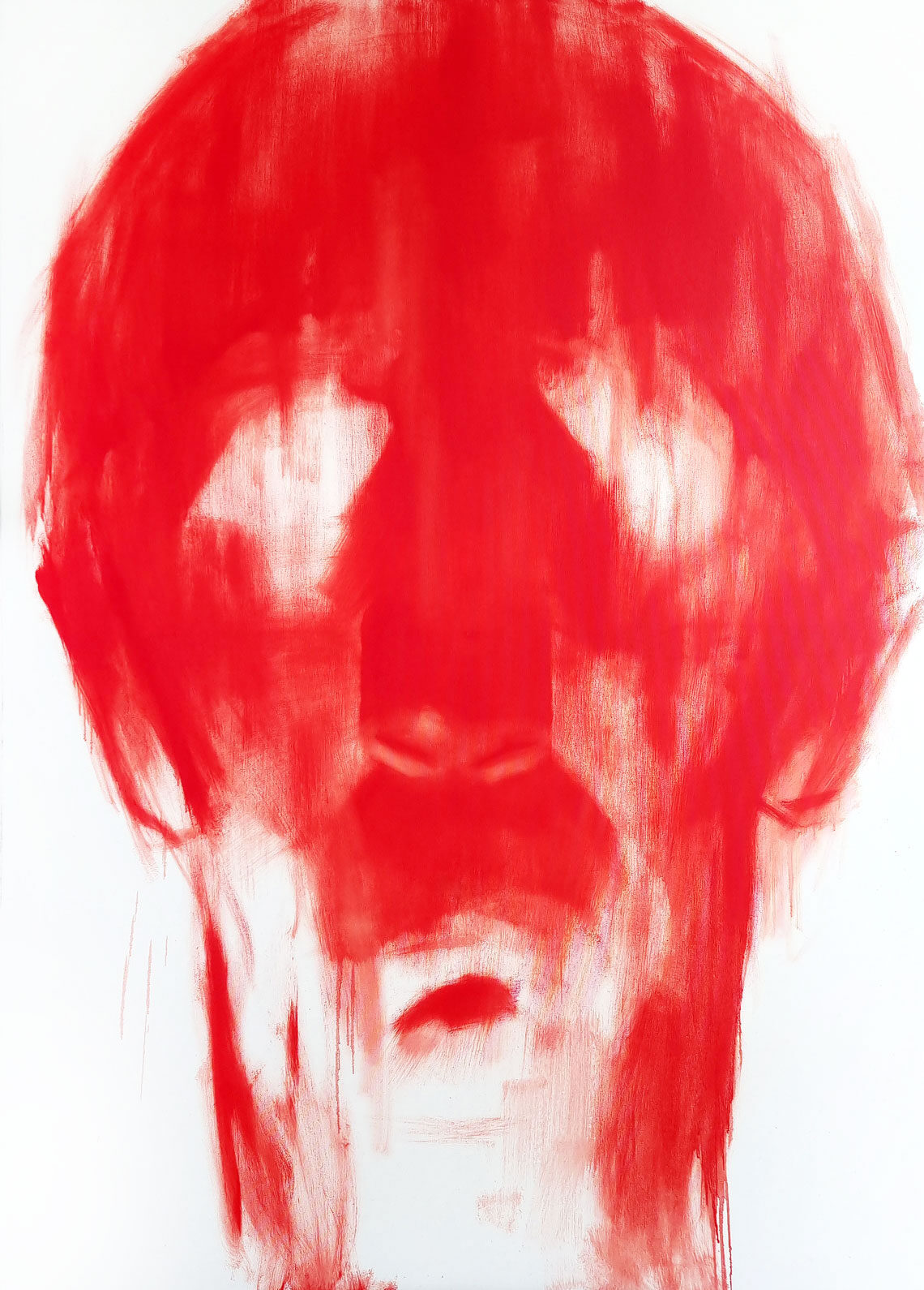 Abstract portrait painting with black base and vibrant colored brushstrokes expressing intense emotions