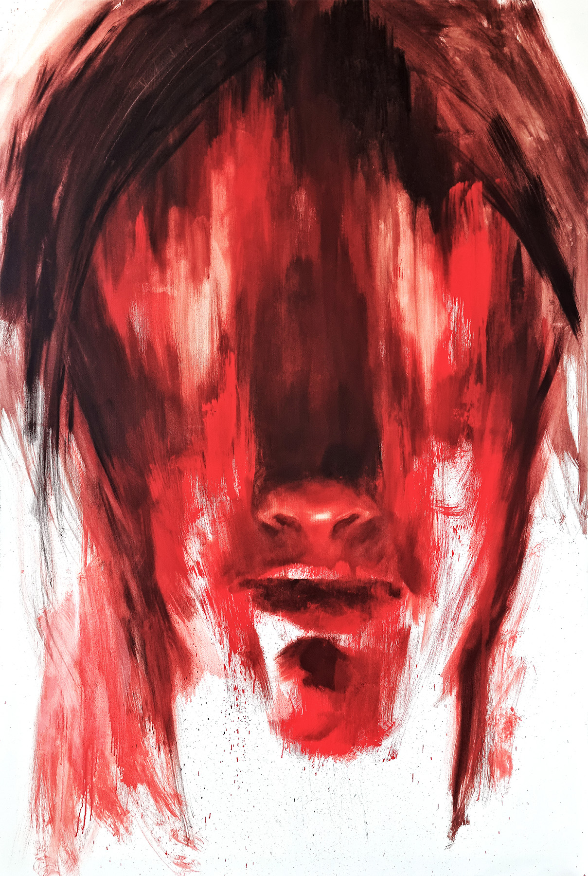 Abstract portrait painting with black base and vibrant colored brushstrokes expressing intense emotions