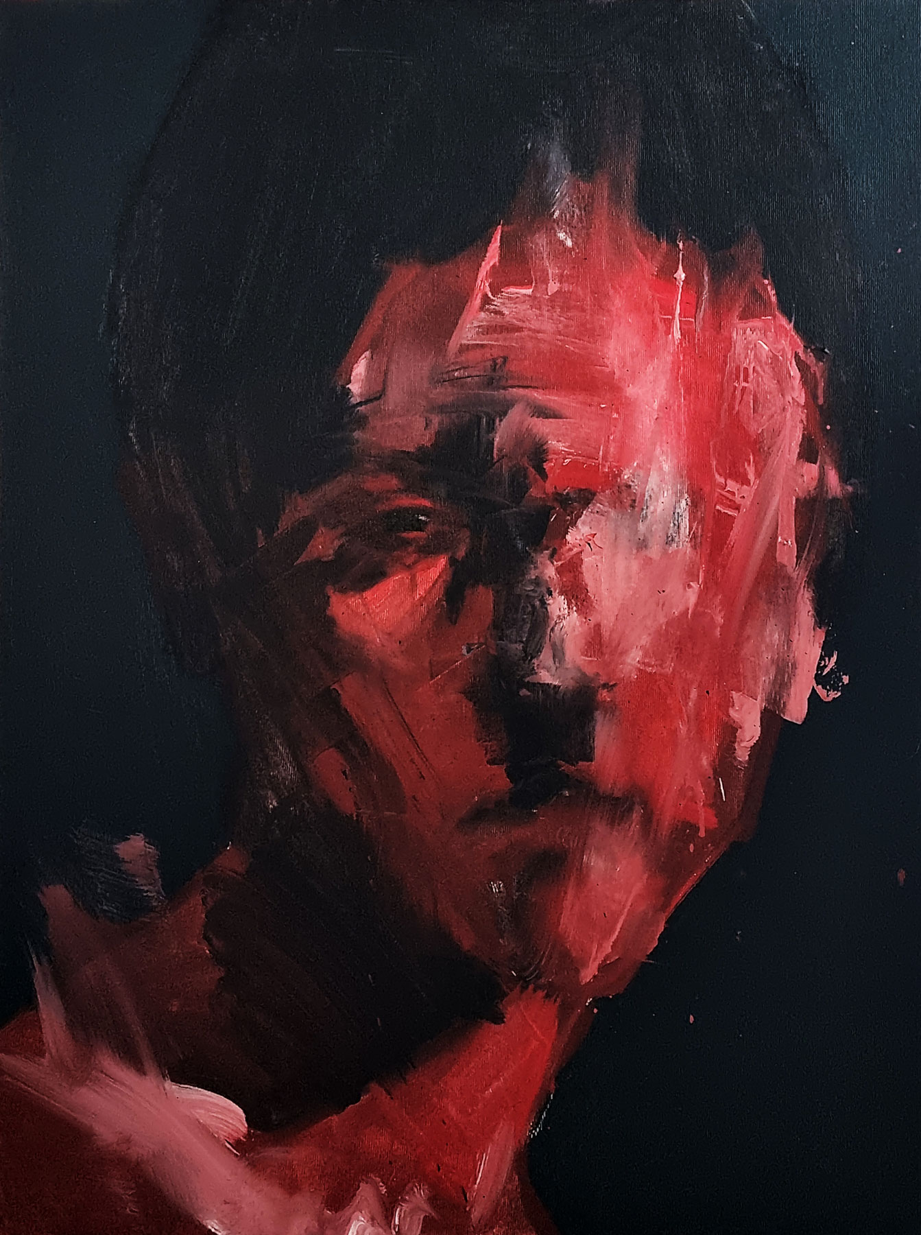 Abstract portrait painting with black base and vibrant colored brushstrokes expressing intense emotions