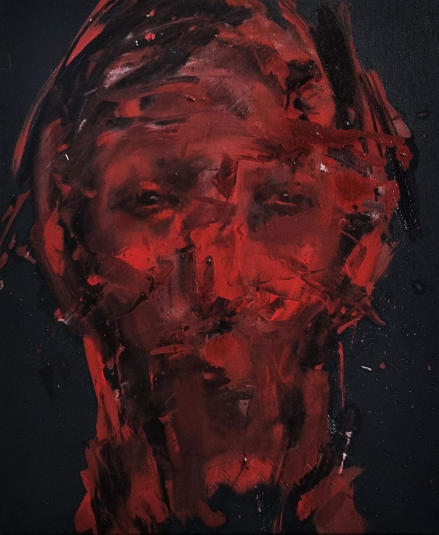 Abstract portrait painting with black base and vibrant colored brushstrokes expressing intense emotions