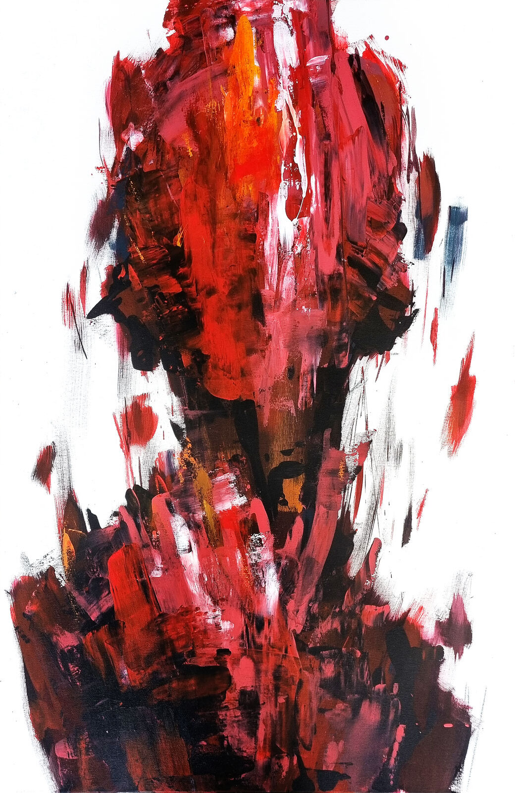 Abstract portrait painting with black base and vibrant colored brushstrokes expressing intense emotions
