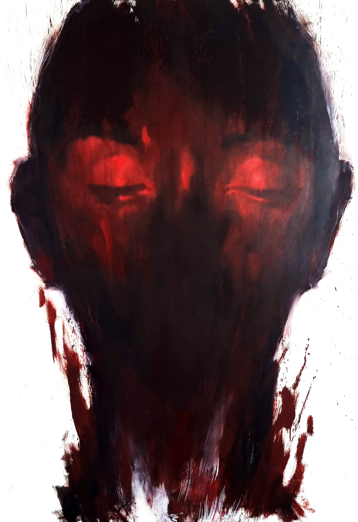 Abstract portrait painting with black base and vibrant colored brushstrokes expressing intense emotions